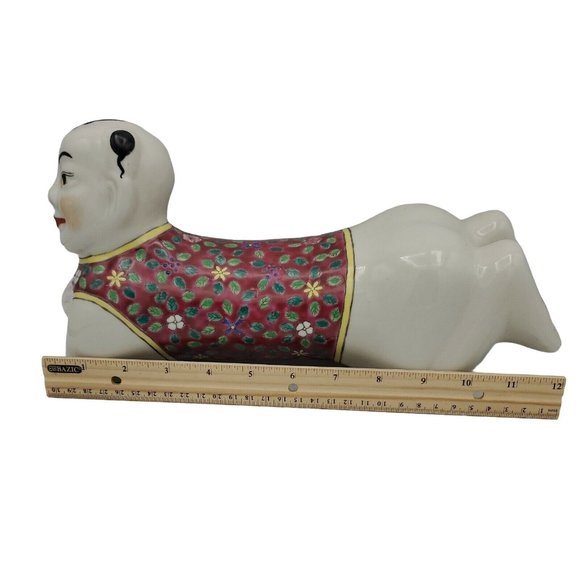 Chinese 12" Porcelain Pillow Headrest Kneeling Child Famille Rose Asian Sculptur - Picture 5 of 8